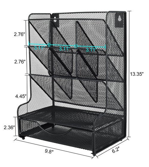 PAG Desk Organizer with Drawer Office Supplies and Accessories Storage Caddy Hanging Wall Shelf Metal Mesh Pencil Holder for Kids, 9 Compartments, Black