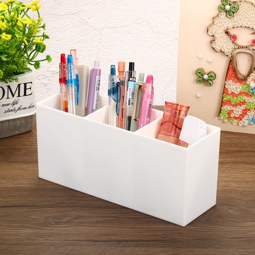 PATIKIL 3 Compartments Clear Acrylic Pen Holder, 2 Pack Pencil Holder Pen Organizer Pencil Cup Makeup Brush Holder Square for Countertop Desk, White