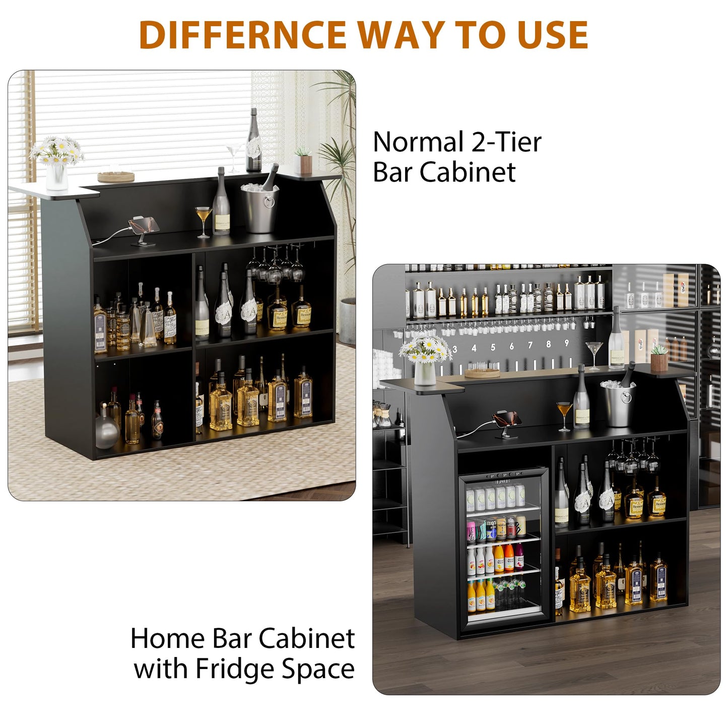 Home Bar Cabinet with Mini Fridge Space, Liquor Bar Cabinet for Home with Storage Shelves, Wine Glasses Holder, Power Outlet, Mini Fridge Cabinet with Storage, Wine Bar Cabinet for Living Room