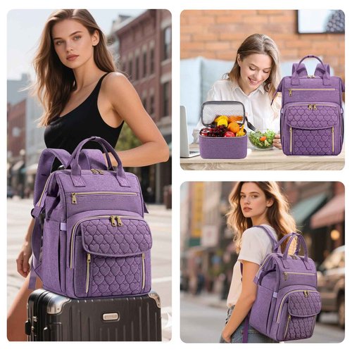 Xocvji Lunch Backpack for Women, Laptop Backpack Fits 15.6 Inch, Insulated Cooler Backpacks with Lunch Box, Nurse/Teacher/Work Bag for Travel Beach Camping Picnics Womens Gifts, Purple