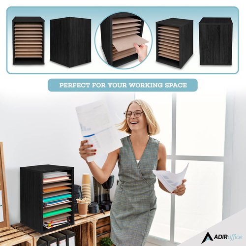 AdirOffice Classroom Mailbox - 11 Compartment Wooden Mail Organizer, Construction Paper Storage, Vertical Desktop Sorter with Slots, Mailboxes With Removable Shelves (11 Slot, Black)