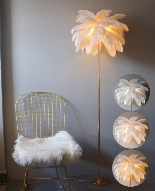 GIOAMH Natural Ostrich Feather Floor Lamp, 3-Way Color Temperature,Simple Modern Bedroom and Living Room Standing Lamp, Golden Lamp Body, G4-LED Bulb (White)