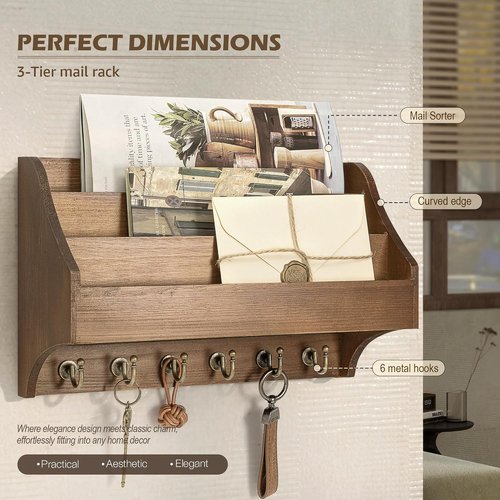 Rebee Vision Pine Wood Key Holder - Wall-Mounted Mail Organizer with Key Hooks & 3-Tier Slot | Brown