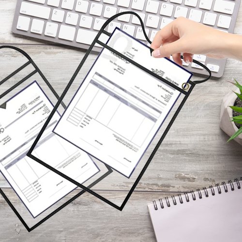 Merkaunis 50 Pack Shop Ticket Holders Job Ticket Holders Work Order Holder Pockets, 9 x 12 Dry Erase Pocket Work Order Plastic Sleeves with Hanging Strap, Both Sides Clear