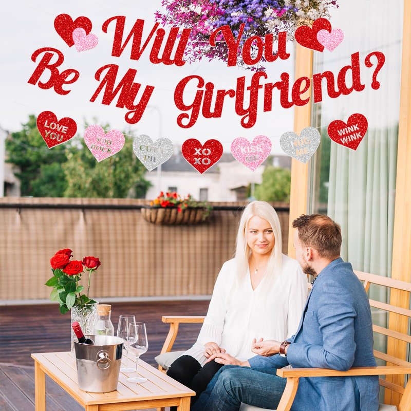 Red Glitter 'WILL YOU BE MY GIRLFRIEND' Proposal Banner with Heart-Shaped Cute Love Message Sign for Romantic Special Night Decorations, Engagements, Proposals, and Valentine's Day Party Supplies
