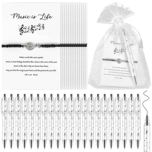 EYNDYN 48 Sets Music Gift for Women Men Black Music Bracelet Musical Note Ballpoint Pens with Organza Bags Card Music Themed Gifts Bulk for Music Lovers Band Choir Teacher Grad Music Party Favor