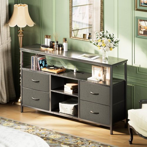Huuger 47 Inch TV Stand Dresser with Power Outlets and LED Lights, 4 Drawers Entertainment Center with Open Shelf, Media Console for 55 50 Inch TV, Dresser with PU Finish, Black