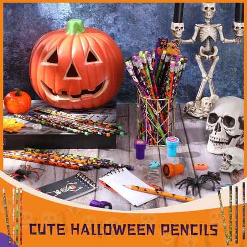 360 Pieces Halloween Pencil with Eraser Fun Assortment Halloween Themed Pencil Novelty Ghost Pumpkin Skeleton Bat Spider Wooden Drawing Pencils for Halloween Party Supplies