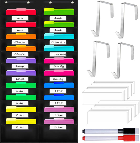 Vantasii Nylon Storage Pocket Chart - 20 Name Tag Pockets & 4 Hooks | Organize Assignments & Files (28.5”x 47”)