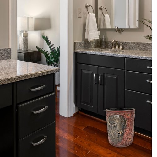 BestGiftEver Faux Tooled Leather Trash Bin with Bison Bust Accent - Southwest Decorative Resin Wastebasket - Ideal for Ranch Farmhouse Enthusiasts
