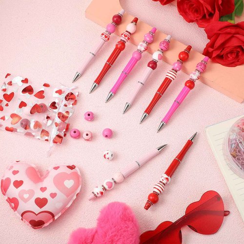 Geyoga 60 Pcs Valentine's Day Beadable Ballpoint Pen Heart Plastic Gel Ink Pen with 180 Assorted Love Beads 60 Rhinestone Beads for Valentines DIY Crafts Office School Students Gifts Party Supplies