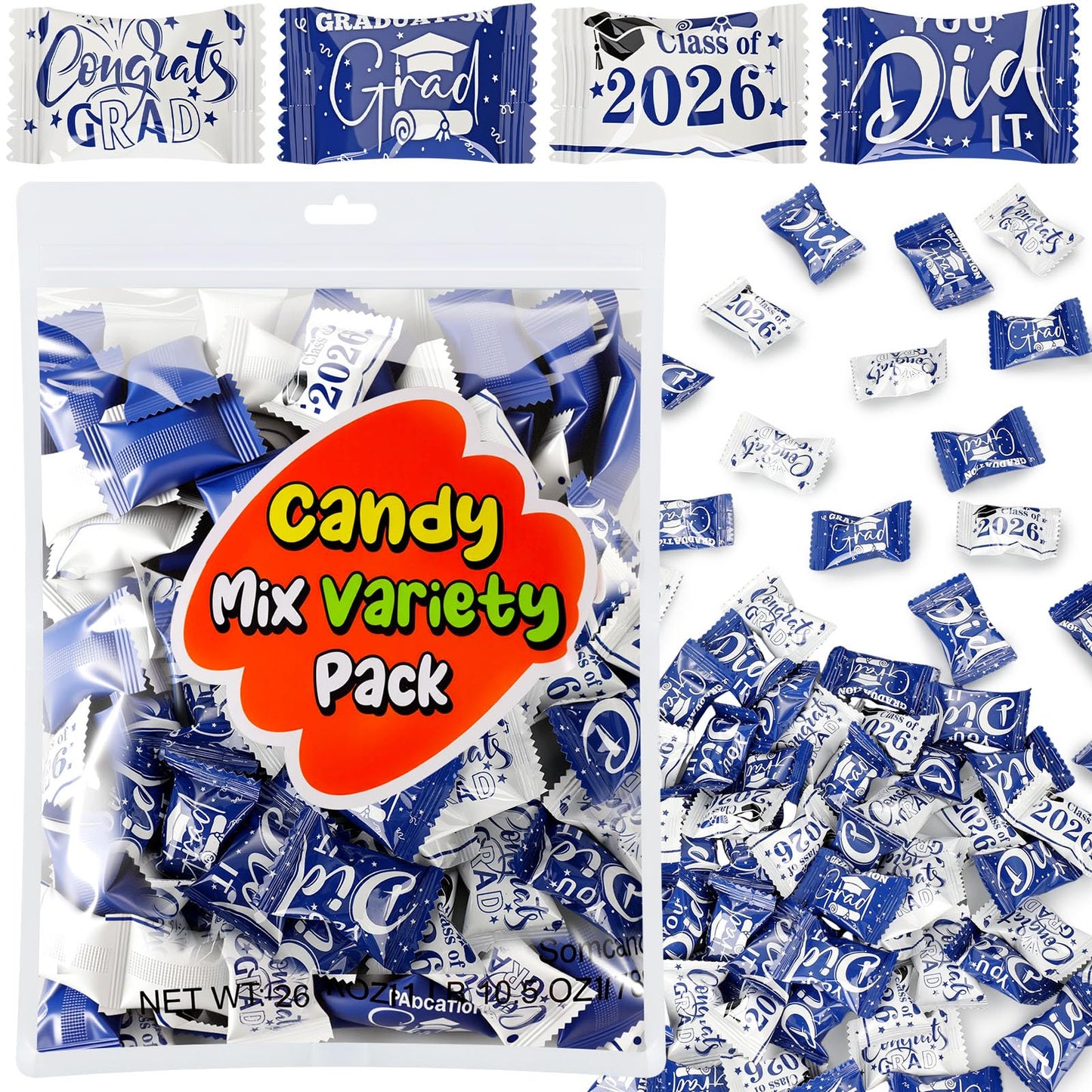 Naucoos Congrats Graduation Candies Class of 2026-26.5 oz Bag 150 Pcs Individually Wrapped Congratulations Goody Treat Sweets Grad Mint Candy for Adults Graduations Party Favors(Blue and White)