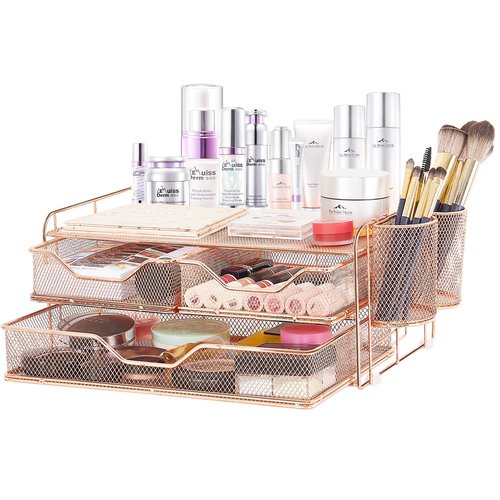 ECOLOVI Computer Monitor Stand for Desk, Desk Organizer and Accessories with 3 Drawers and 2 Pen Holders, Rose Gold Office Supplies Computer Desk Accessories