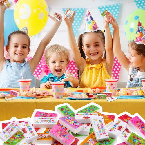 Dunzoom 100 Pcs Happy Birthday Erasers Bulk Mini Erasers for Classroom Fun Assortment Birthday Gifts for Back to School Teacher Reward Party Supplies, 8 Styles, 1.6 Inch