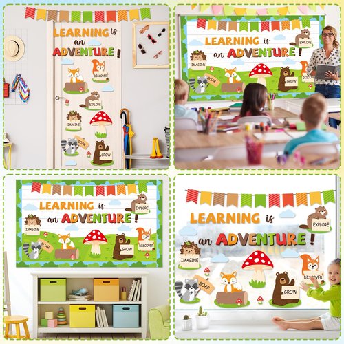 Woodland Bulletin Board Set Jungle Forest Classroom Decorations Back to School Learning is an Adventure Paper Cutouts Motivational Safari Animal Bulletin Board for Nursery Chalkboard Wall Door Decor