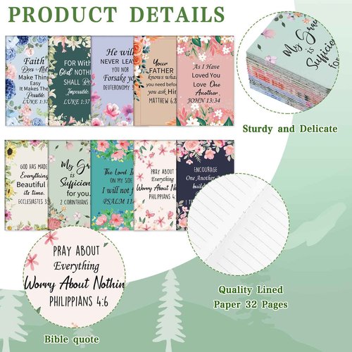 Jetec 150 Bible Verses Gift Set for 30 Christian Bookmarks 30 Scripture Ballpoint Pens 30 Christian Notebooks 30 Bible Verse Keychain 30 White Organza Bags for Women Men Office Church(Flower)
