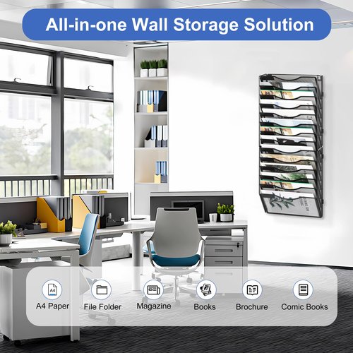 EasyPAG 14 Pocket Wall File Organizer, Black | Metal Mesh Wall Mounted File Holder | Assembly Hanging Mail Organizer | Replaceable Classify Labels | Office Home Letter Size Paper Storage