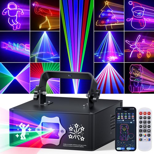 KeoBin APP DJ Laser Lights Professional - 200+ 3D RGB Animation Laser Light Show, Hand Drawing, Custom Patterns, Sound Actived & DMX Sync for Party, Stage, Club