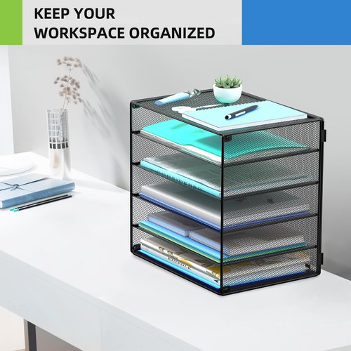 MINDEPOT 6 Tier Desk Organizer Paper Tray, Metal File Holder Desktop Organizers and Workspace Accessories for School Office Organization Storage Rack (1, Black)