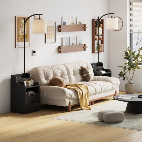 COTUBLR Floor Lamp with Table, End Table with Charging Station, Wooden Black Nightstand with 2 Drawers and LED Bulb, Modern Shelves Side Table for Bedroom Living Room Home Office