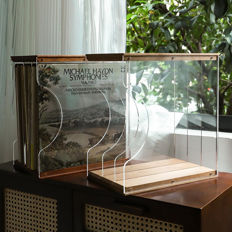 Vinyl Record Storage Holder,Stacks up to 30 Albums, Solid Wood & Clear Acrylic,Canbe stack,Premium Display, Simple and Contemporary Concept Design for 12” Records LP, DVDs, or CDs (black walnut, 3)