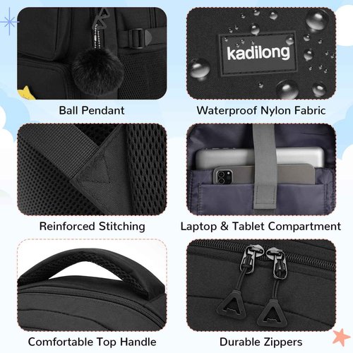 kadilong 17.3 Inch Laptop Backpack for Women Teen Girls Bookbag for College Student Middle High School Mochila Escolares para Niñas Mujeres(Black)