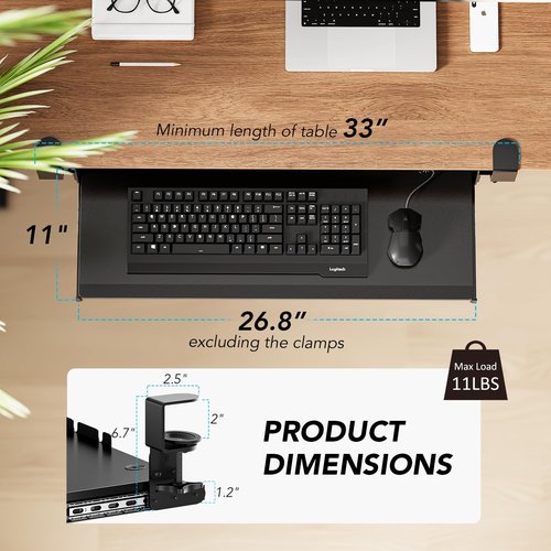 AX WABER Keyboard Tray Under Desk Pull Out with Extra Sturdy Adjustable C Clamp Mount System, 27.3 (32.5 inch Including Clamps) x 11 Inch Slide-Out Platform Computer Drawer for Typing, Black,AX01WB01