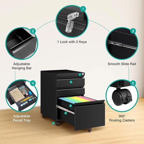 Regine Switzerland 3 Drawer File Cabinet - Lockable Rolling Metal Filing Cabinet in Black | Fits A4/Letter/Legal Files