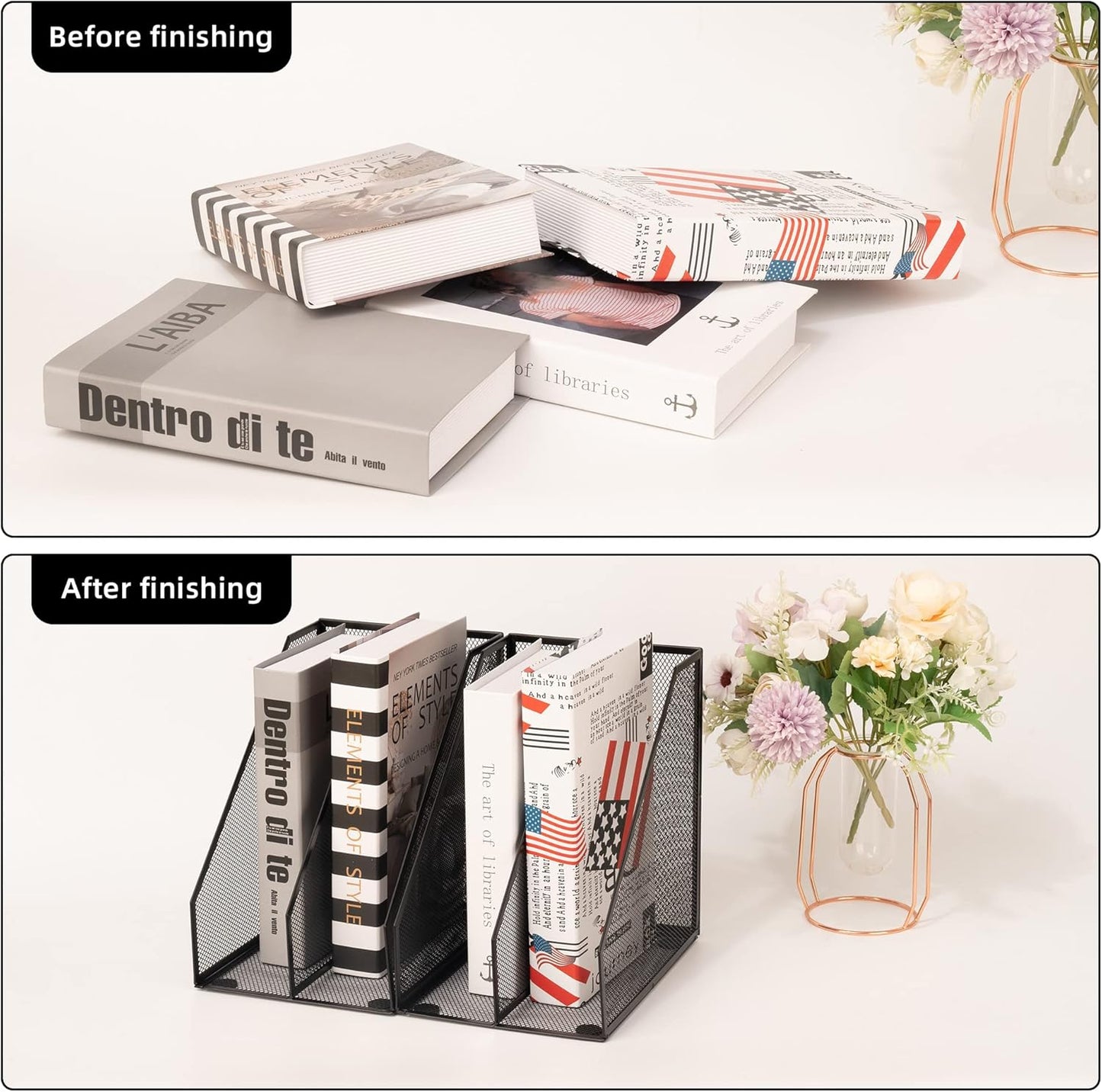 Skiennix Magazine Holder - Metal Wire Design with 2 Compartments | Stylish Black Desk Organizer