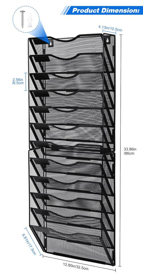 Solinxe Wall File Holder, 12 Pockets Hanging File Folder, Paper Organizer Storage, Document Rack, Mail Holder, Magazine Rack, Wall Organizer for Office, Black