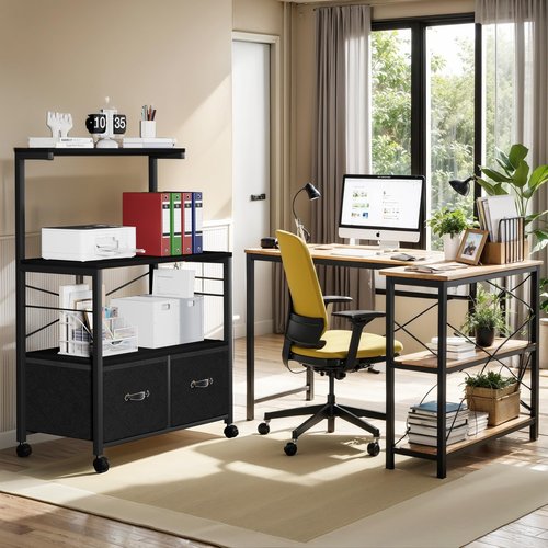 VECELO Lateral File Cabinet with 3 Shelf, 2 Drawer File-Cabinet on Brakeable Wheels, Large Printer Stand with Open Storage Shelf fits Letter Size for Home Office, Black