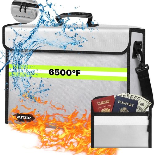 Fireproof Money Bags | 6500°F Fireproof Document Box with Waterproof Zipper & Removable Folder (14.2”x 9.6”x 4.1”)