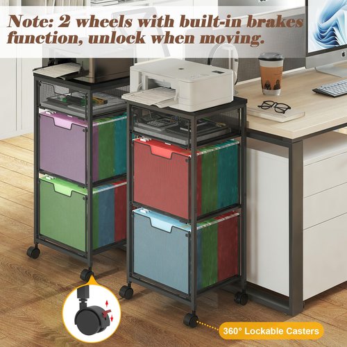 Sbanmao 3 Drawer Mobile File Cabinet for Home Office, Rolling Filing Cabinet on Lockable Wheels, Hanging File Folders Organizer, Utility Cart Storage and Organizer, Printer Stand, Black