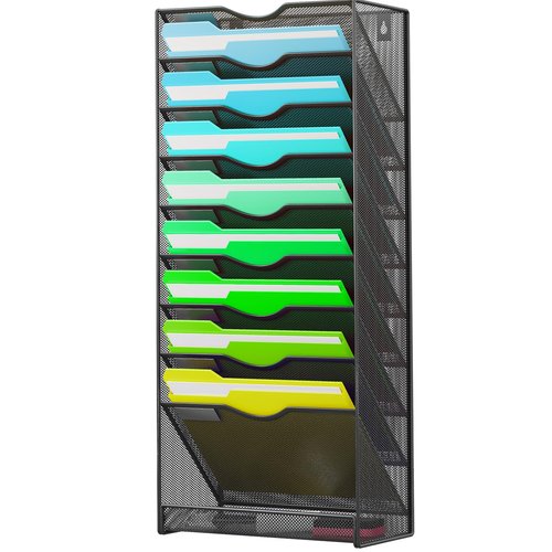 10-Tier Hanging Wall File Organizer Wall Mounted File Holder Document Wall Organizer for Office Organization and School Storage (No Assembly Required) (10 Tier Black)