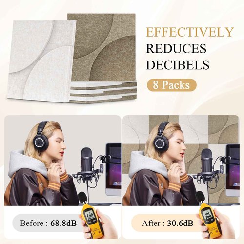 DOLLAR BOSS Acoustic Wall Panels 8 Pack 12" x 12" Wall Art Sound Proof Panels 3D Carving Decorative Sound Absorbing Panels for Walls for Recording Studio Office Home, Latte & Beige