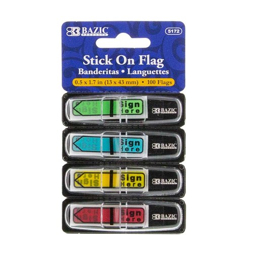 BAZIC Products Neon Page Markers Dispensers 0.5x1.7 Sign Here Neon Colored PET Arrow Flag Index Tabs, Page Bookmarks File Tab (100 Flags/Pack), 24-Packs