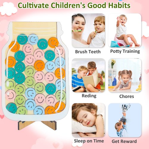 Magnetic Smiley Faces Reward Jar - Personalized Star Jar Reward System with Letter Stickers, Great for Home Chore Chart, Potty Training Tool and Classroom Behavior Training (45Pcs Token)