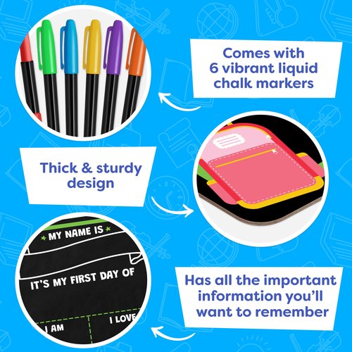 First Day of School Sign Board with Liquid Chalk Markers - 14”x11” Double-Sided & Reusable - My First and Last Day - Back to School Supplies Board for Kindergarten, Preschool