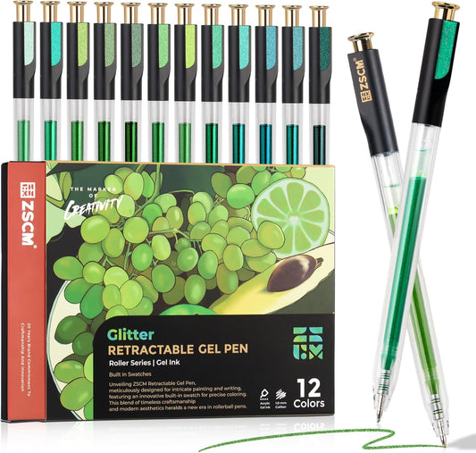 Skiennix Retractable Glitter Gel Pens - 12 Vibrant Colors | 1 mm Fine Point for Smooth Writing