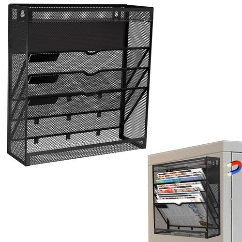 5 Tier Magnetic File Holder, No Drilling Wall File Organizer, Magazine Paper Mail Document Holder/Magnetic Hanging File Organizer for File Cabinets,Whiteboard refrigerator,Office,Classroom(Black)