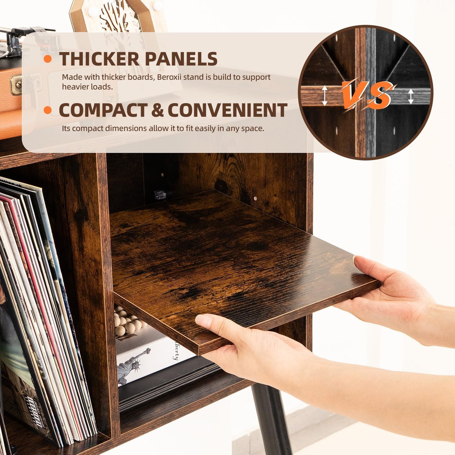 Skiennix Mid-Century Record Player Stand - Vinyl Storage for 150+ Albums | Adjustable Shelves, Brown