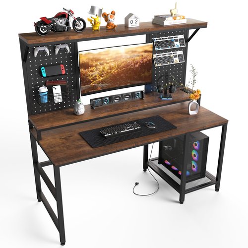 Gaming Desk with LED Lights & Power Outlets, 47 Inch Office Desk with Monitor Stand and Storage Shelves, Computer Desk with Pegboards and Adjustable TV Mount for Home Office, Bedroom, Rustic Brown