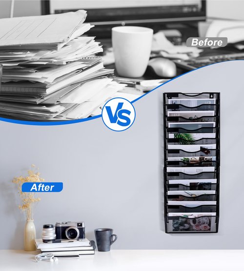 Solinxe Wall File Holder, 12 Pockets Hanging File Folder, Paper Organizer Storage, Document Rack, Mail Holder, Magazine Rack, Wall Organizer for Office, Black