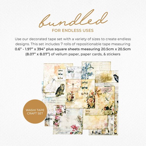 Serenity Fair Antique Roses & Florals Washi Tape Set, 7 Washi Tapes, 6 Washi Paper Stickers, 6 Sheets Vellum Paper, 6 Sheets Paper Cards, Vintage Crafting Supplies