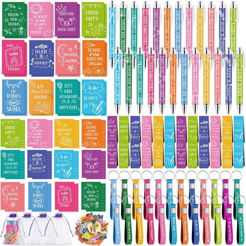 Pasimy 194 Pcs Inspirational Gifts Set Party Favor Motivational Mini Notepad Pen Positive Magnetic Bookmark Card Keychains Stickers Organza Bags for School Office Stationery Appreciation (Classic)