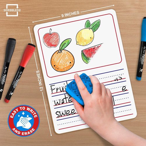 Scribbledo 10 Pack Double Sided Whiteboards 9”x12” Story Lined Dry Erase Boards for Kids Writing Board Practice Drawing Small White Board Teacher Elementary Kindergarten Preschool + Erasers