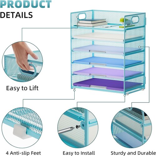 Marbrasse 6-Tier Paper Organizer | Mesh Desk File Holder with Handle for Letter/A4 Folders - Blue