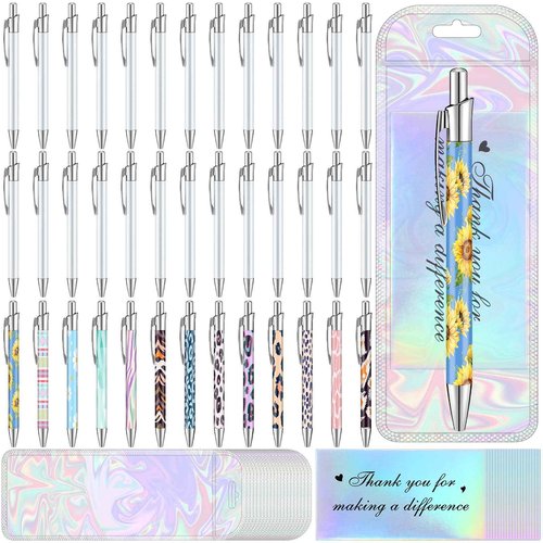 Yexiya 120 Pcs Sublimation Pen Blank Kit Heat Transfer Ballpoint Pen with Shrink Wrap Pouch Bag Holographic Thank You Card Personalized Gift for Christmas DIY Favor Office School Stationery Supply