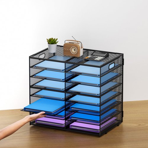 Lavatino 14 Compartments Paper Organizer for Desk, Mesh Literature Organizer, Mail File Sorter Tray with Handle, Desktop Mailbox for Office Classroom Home, Black