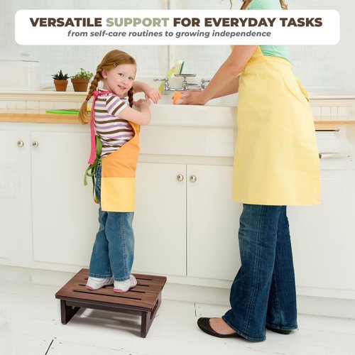 2BHOME Wooden Step Stool, 5.3" One Step Stool for Adults with Built-in Handle, Supports up to 550lbs, Durable & Non-Slip Bedside Stool for Bedroom, Kitchen, Bathroom or High Beds